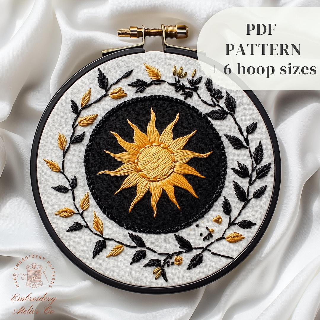 Embroidered Sun Pattern Celestial Hand Embroidery Pattern, Sun and Leaves Embroidery Design ...
