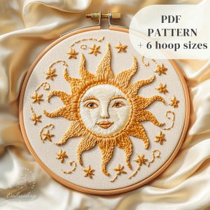 Diseño de bordado a mano para principiantes, patrón de bordado celestial, plantilla de bordado de sol vibrante y adorable, manualidad de punto de aguja DIY, descarga digital