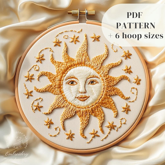 初心者向け手刺繍デザイン、天体刺繍パターン、キュートで鮮やかな太陽
