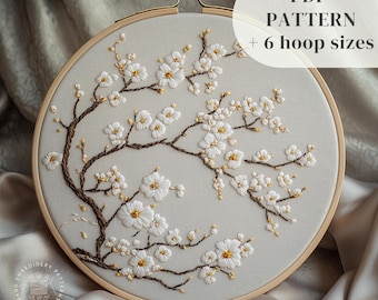 Padrão de bordado à mão de flores de cerejeira, desenho de bordado de sakura branca, bordado de flores para imprimir, padrão de bordado de primavera em PDF