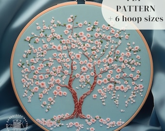 桜の木の刺繍パターン、桜の刺繍デザイン、春の刺繍PDFテンプレート