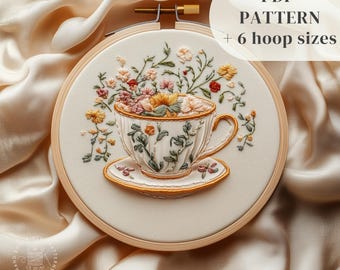 Tea Mug Hand Embroidery Pattern, Flowers Tea Cup Embroidery Design, Floral Stitching Template, Coffee Lovers Craft, Digital Download