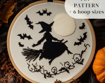 Flying Witch Hand Embroidery Design, Gothic Embroidery PDF Pattern, Witchy Stitching Template, Gothic Halloween Craft, Digital Download