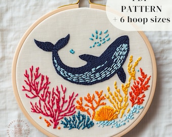 クジラと船の刺繍パターン、刺繍キット、クジラのパターン、手刺繍