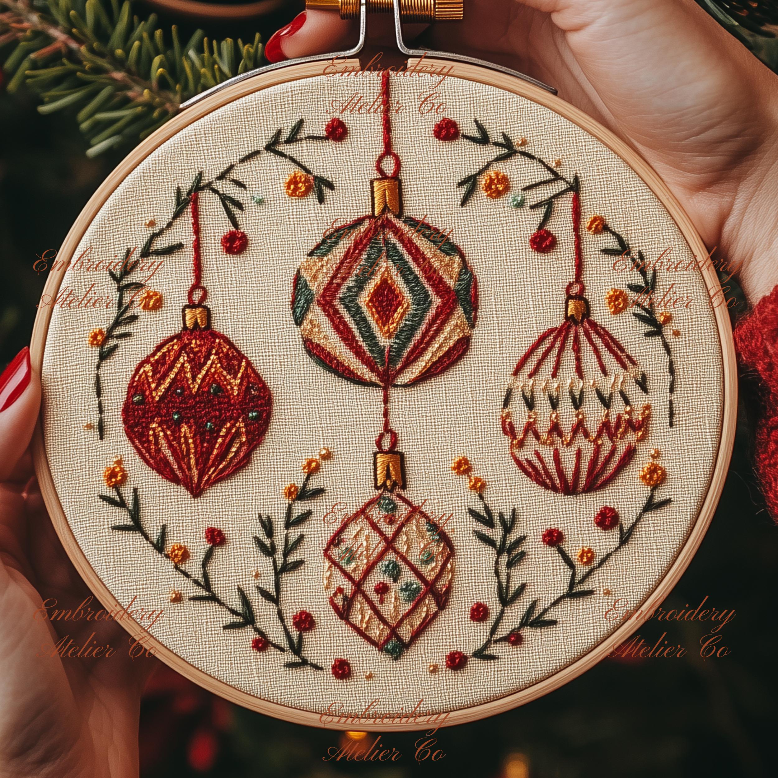 クリスマス刺繍のPDFパターン、クリスマスオーナメントの手刺繍