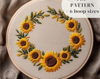 Sunflowers Wreath Hand Embroidery Pattern, Summer Flowers Embroidery Design, Beginners DIY Embroidery Template, Floral Needlepoint Pattern