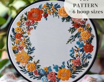 Flowers Wreath Embroidery Pattern, Floral Hand Embroidery Design, Botanical Hand Stitching Template, DIY Embroidery Craft, Digital Download