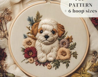 Cute Dog Hand Embroidery Pattern, Floral Puppy Embroidery Design, Animal Embroidery Template for Beginners, Dog Lover Gift, Digital Download