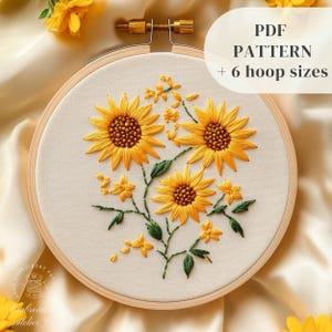 Sunflowers Embroidery PDF Pattern, Summer Flowers Embroidery Design, Beginners Hand Embroidery Template, Flowers Stitching, Digital Download