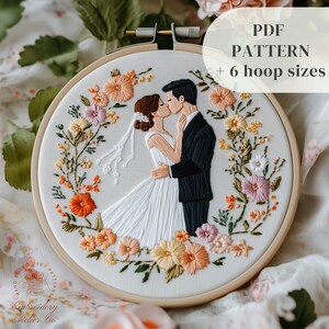 Patrón PDF de bordado para boda de primavera, diseño de bordado a mano para novios, plantilla de costura a mano para recién casados, regalo de boda hecho a mano