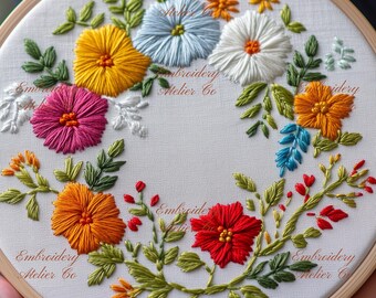 花柄刺繍 円形インテリア 花輪刺繍パターン、初心者向け手刺繍デザイン、ボタニカルステッチ