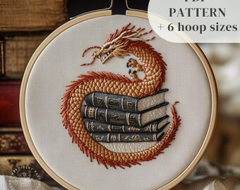 Patrón de bordado de dragón a mano, diseño de bordado de fantasía, patrón de costura de criaturas míticas, plantilla de bordado DIY, descarga digital