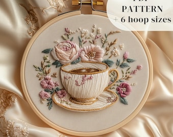 Floral Coffee Cup Embroidery PDF Pattern, Coffee Mug Hand Embroidery Design, Floral Stitching, Coffee Lovers Handmade Gift, Digital Download
