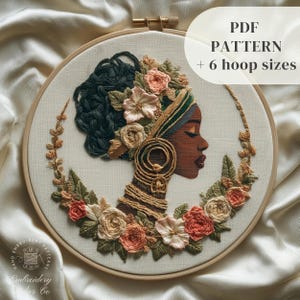 Afrikanische Frau Handstickerei, Floral Afro Mädchen Stickerei PDF Muster, Afrikanische Nähen Muster, schwarze Frau Stickerei Printable