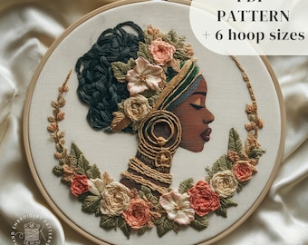 フランス刺繍 女性像 アフリカ人女性の手刺繍デザイン、花柄のアフロガール刺繍PDFパターン
