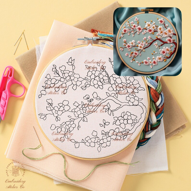 Cherry Blossoms Hand Embroidery Pattern, Pink Sakura Flowers Embroidery ...