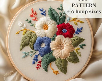 Flowers Bouquet Embroidery PDF Pattern, Beginners Hand Embroidery Design, Floral Stitching Template, DIY Embroidery Art, Digital Download