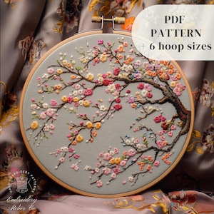 桜の花の刺繍PDFパターン、桜の手刺繍デザイン、植物刺繍テンプレート、桜の木の刺繍パターン
