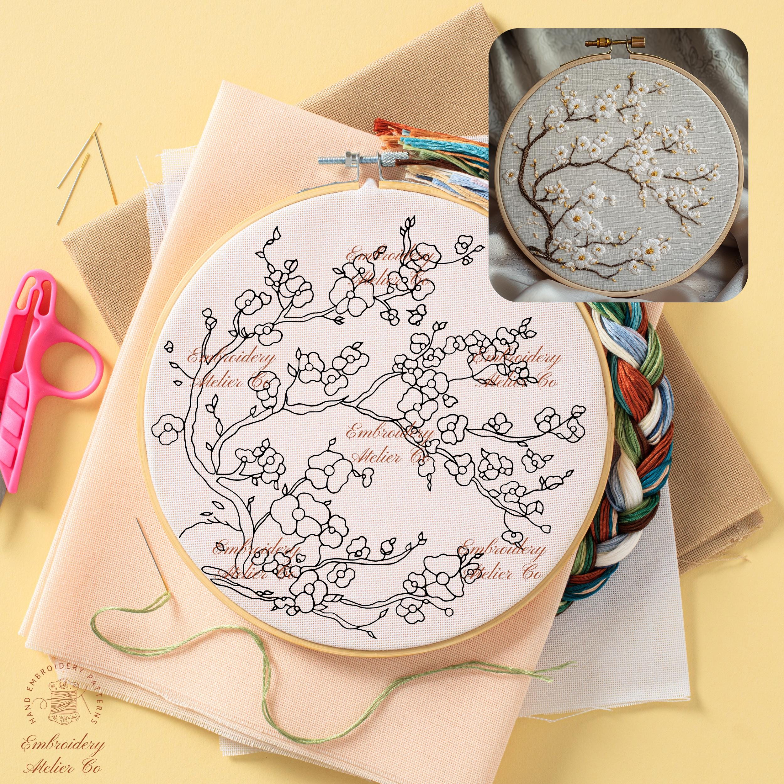 Cherry Blossoms Hand Embroidery Pattern, White Sakura Tree Embroidery ...