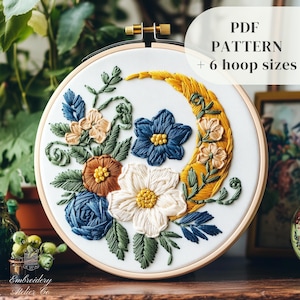 Floral Crescent Moon Embroidery Design, Celestial Hand Embroidery Pattern, Witchy DIY Embroidery Template, Celestial Needlepoint Pattern