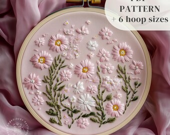 Pink Daisies Hand Embroidery Pattern, Spring Flowers Embroidery Design, April Birth Month Flower Embroidery, Digital Stitching PDF Template