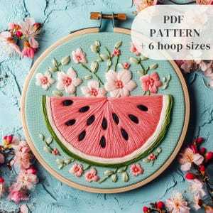 Watermelon Embroidery PDF Pattern, Cute Fruit Hand Embroidery Design, Summer DIY Embroidery Hoop Art Template Download, Kitchen Craft Decor