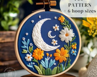 Beginner Hand Embroidery Pattern, Celestial Embroidery Design, Digital Download Embroidery Template, Crescent Moon Stitching PDF Pattern