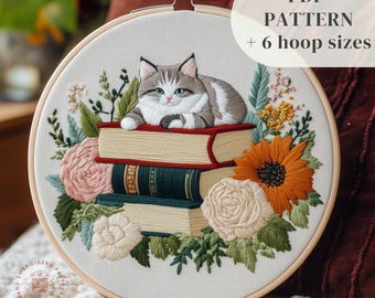 Motif PDF de broderie chat mignon et livres, motif de broderie à la main livresque, modèle de couture à la main moderne pour les débutants, téléchargement numérique