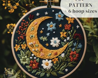 Flowers Moon Embroidery PDF Pattern, Celestial Hand Embroidery Design, Crescent Moon Hand Stitching Template, Whimsical DIY Embroidery Art
