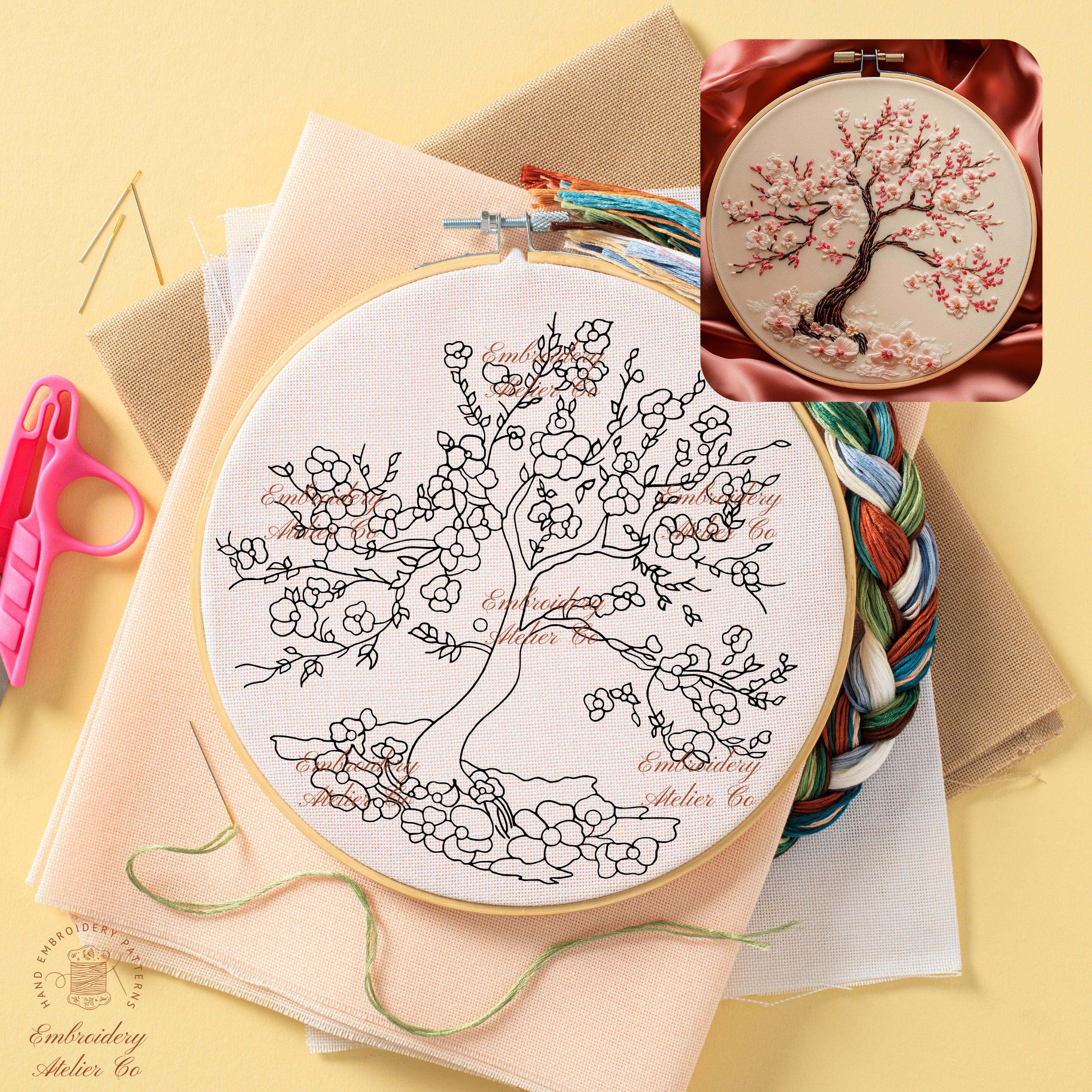 Cherry Blossoms Embroidery Pattern, Pink Sakura Tree Embroidery Pattern ...
