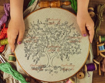 桜の木の刺繍パターン、桜の刺繍デザイン、春の刺繍PDFテンプレート
