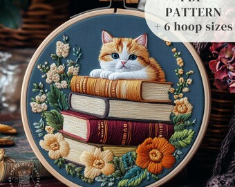 Motif de broderie à la main chat mignon et livres, motif de broderie livresque, modèle de couture pour débutants, broderie moderne, téléchargement numérique