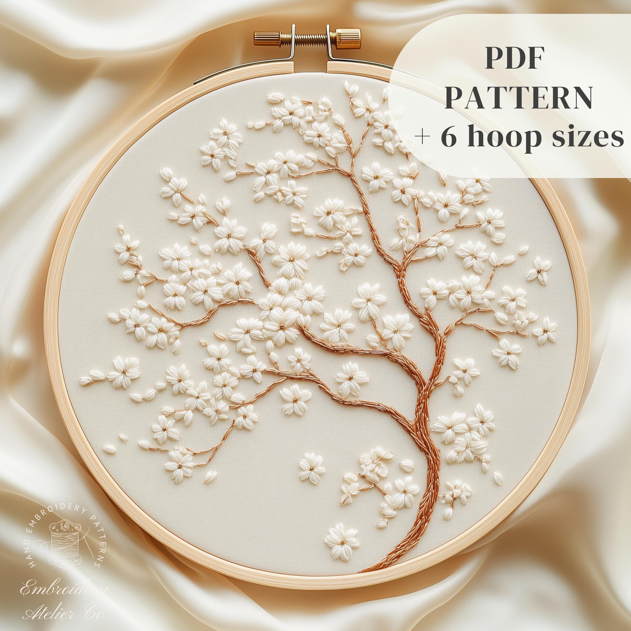 桜の花の刺繍デザイン、桜の木の刺繍PDFパターン、植物の手刺繍