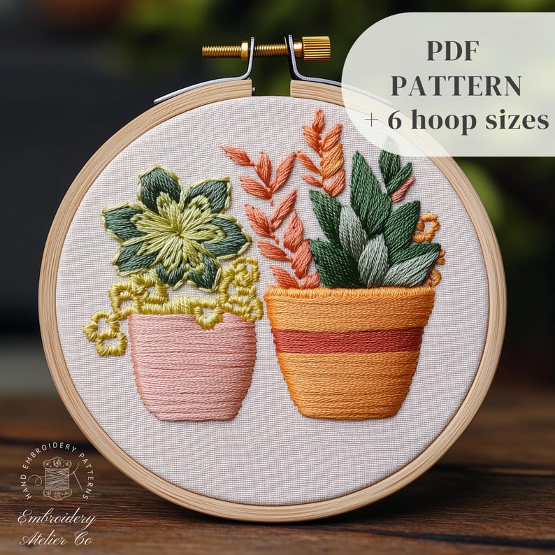 Potted Plants Hand Embroidery Design, Botanical Embroidery Pattern ...