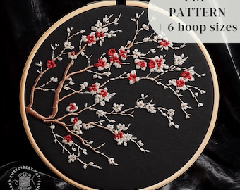 Desenho de Bordado de Flores de Cerejeira, Padrão de Bordado de Flores de Sakura em PDF, Bordado Botânico à Mão para Imprimir, Padrão de Bordado de Árvore de Sakura