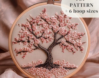 桜の木の手刺繍デザイン、桜の刺繍パターン、春のDIY刺繍アート（印刷