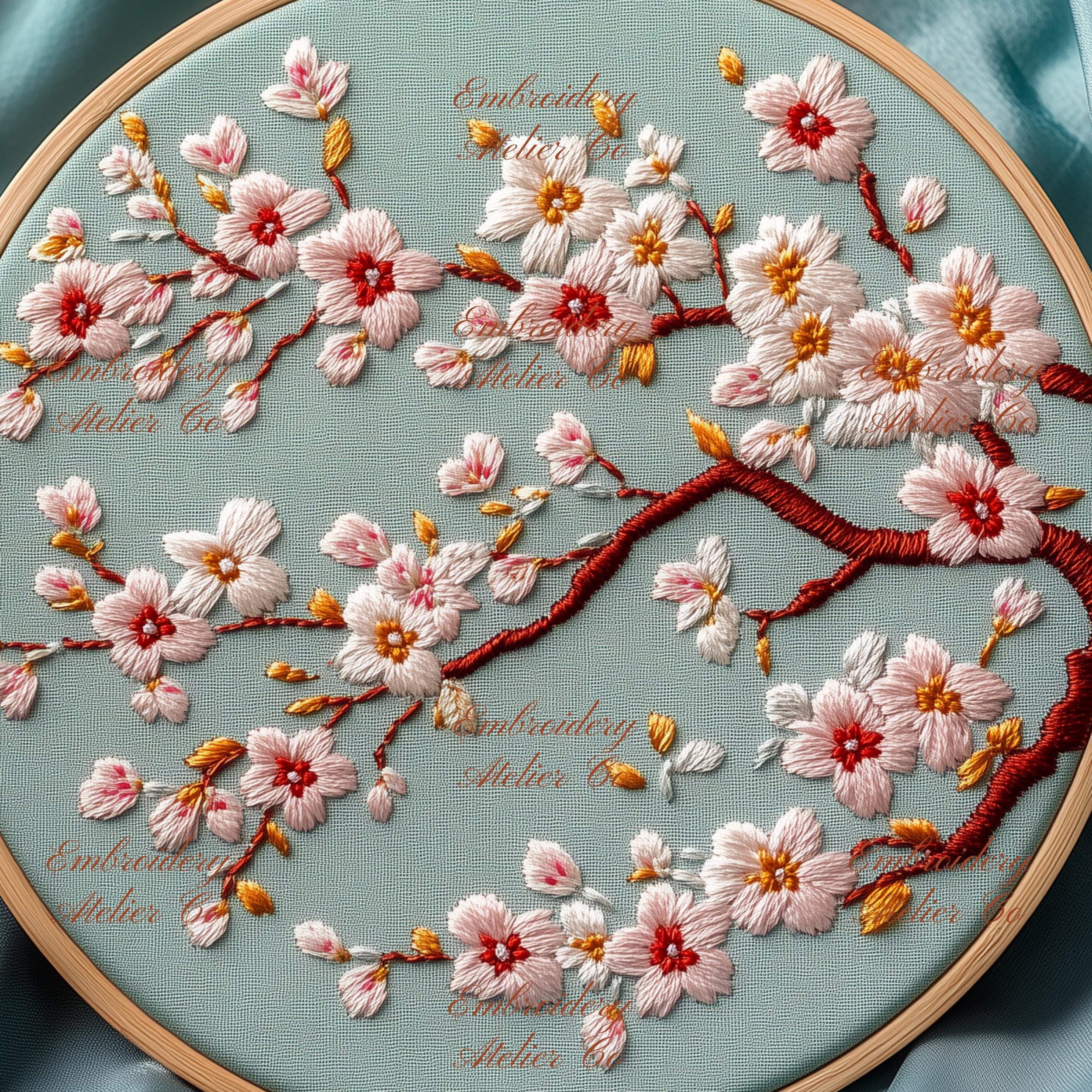 Cherry Blossoms Hand Embroidery Pattern, Pink Sakura Flowers Embroidery ...