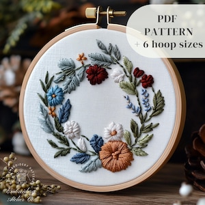 Flowers Wreath Embroidery Pattern, Autumn Flowers Hand Embroidery Design, Fall Wreath Stitch Template, DIY Botanical Craft, Digital Download