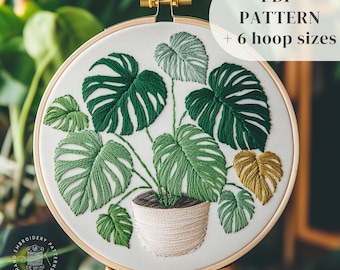 Monstera Plant Hand Embroidery Design, Botanical Embroidery PDF Pattern, Beginner DIY Embroidery Hoop Art, Leaves Hand Stitching Template