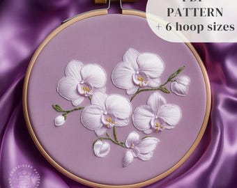 ホワイトオーキッドの手刺繍パターン、秋の花の刺繍デザイン、初心者向け刺繍テンプレート、ボタニカル刺繍、デジタルダウンロード