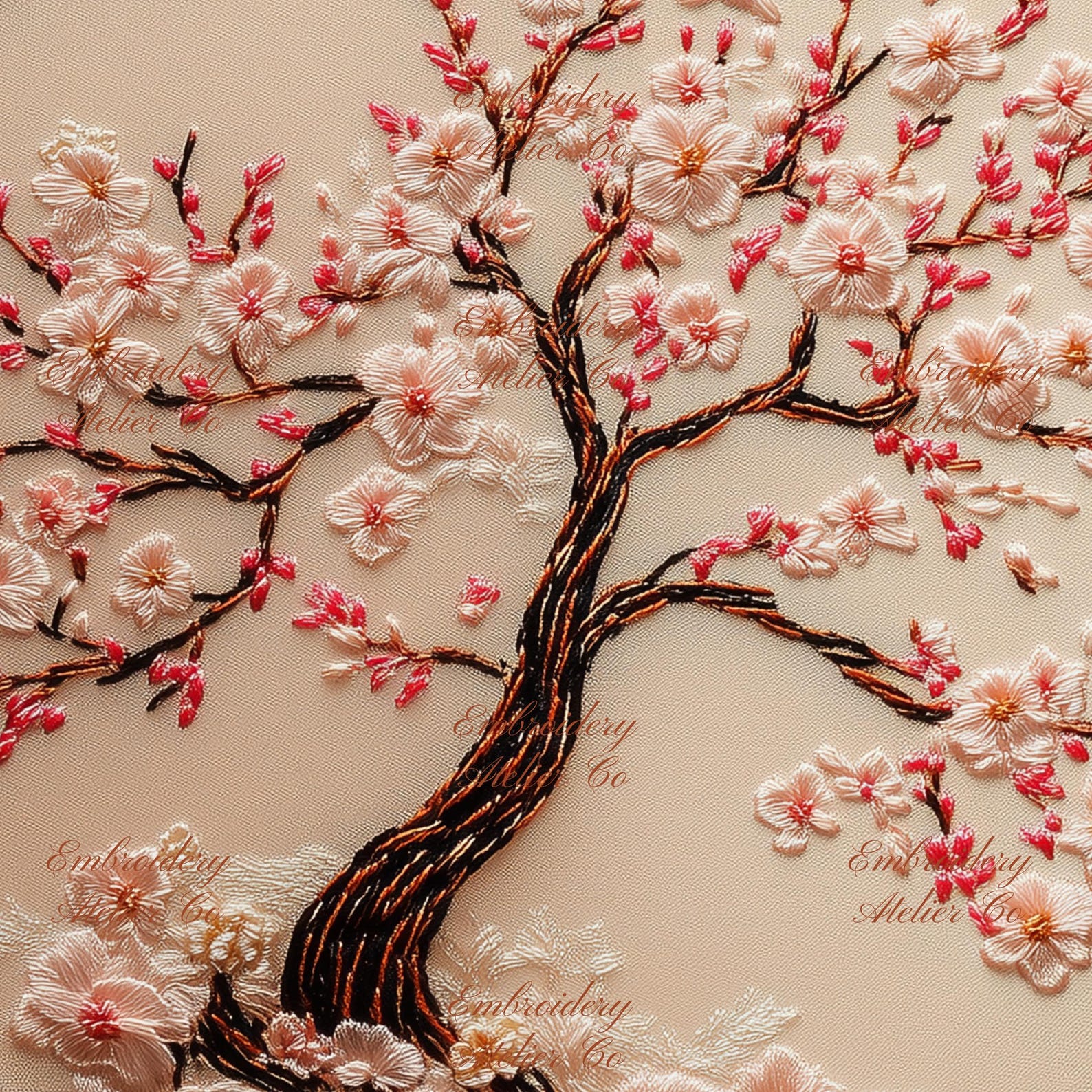 Cherry Blossoms Embroidery Pattern, Pink Sakura Tree Embroidery Pattern ...