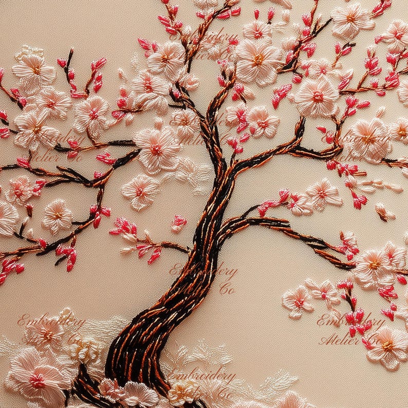 Cherry Blossoms Embroidery Pattern, Pink Sakura Tree Embroidery Pattern ...