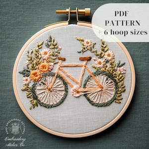 Blumen Fahrrad Handstickerei Muster, Blumen Fahrrad Stickmuster, Frühlingsblumen Stickmuster, DIY Stickerei PDF Vorlage