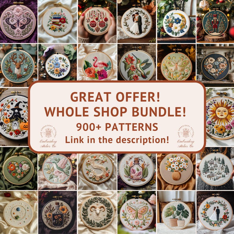 May include: A collage of embroidery patterns featuring various designs, including animals, flowers, and holiday themes. The text "GREAT OFFER! WHOLE SHOP BUNDLE! 900+ PATTERNS Link in the description!" is displayed in the center of the image.