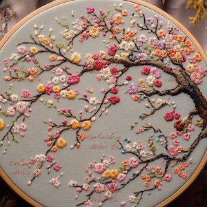 May include: A close-up of a circular embroidery hoop with a delicate floral design. The embroidery depicts a blooming cherry blossom tree with pink, white, and yellow flowers. The background is a light gray fabric.