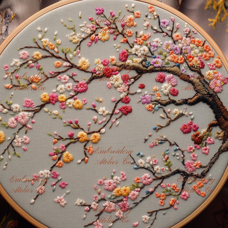 May include: A close-up of a circular embroidery hoop with a delicate floral design. The embroidery depicts a blooming cherry blossom tree with pink, white, and yellow flowers. The background is a light gray fabric.