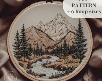 山と湖の刺繍アート 湖の風景の刺繍パターン、穏やかな手刺繍、風景ステッチ PDF、DIY