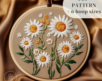 Daisy Meadow Hand Embroidery Design, Spring Flowers Embroidery Pattern, Daisies Stitching Pattern, Botanical Embroidery PDF Template