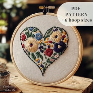 Heart of Flowers Embroidery Pattern, Love Hand Embroidery Design, Romantic Flowers Stitching Pattern, Botanical Embroidery PDF Template