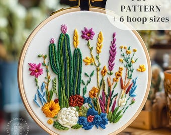 Cactus Plant Hand Embroidery Design, Botanical Embroidery PDF Pattern, Wildflowers DIY Embroidery Hoop Art Template, Digital Download